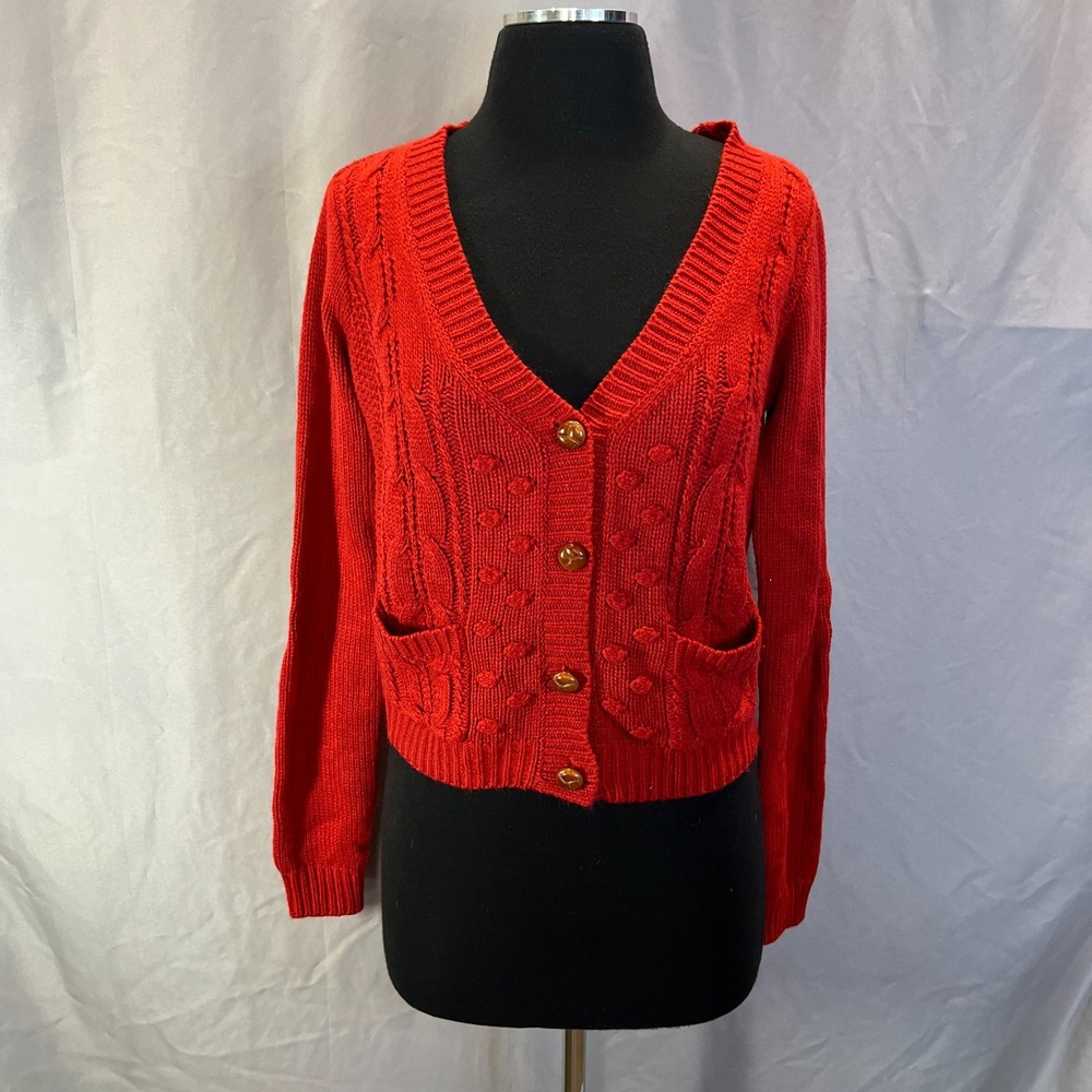 Love Tree Cardigan Sweater Womens Medium Red Chunky Knit Elbow Patch Sleeve